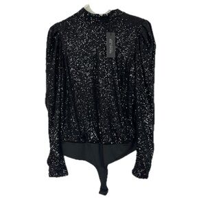 NWT Rachel Zoe Black Sequin Long Sleeve Glam Bodysuit Top Size Large
